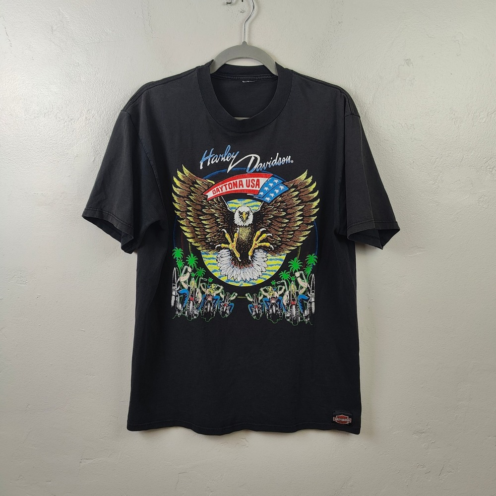 Vintage Harley-Davidson Mens Tee Large Black Daytona USA Eagle Graphic Biker